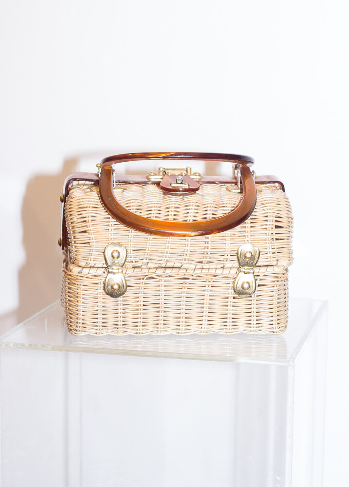 1960s Wicker and Tortoise Shell Acrylic Box Purse — Wayward Collection